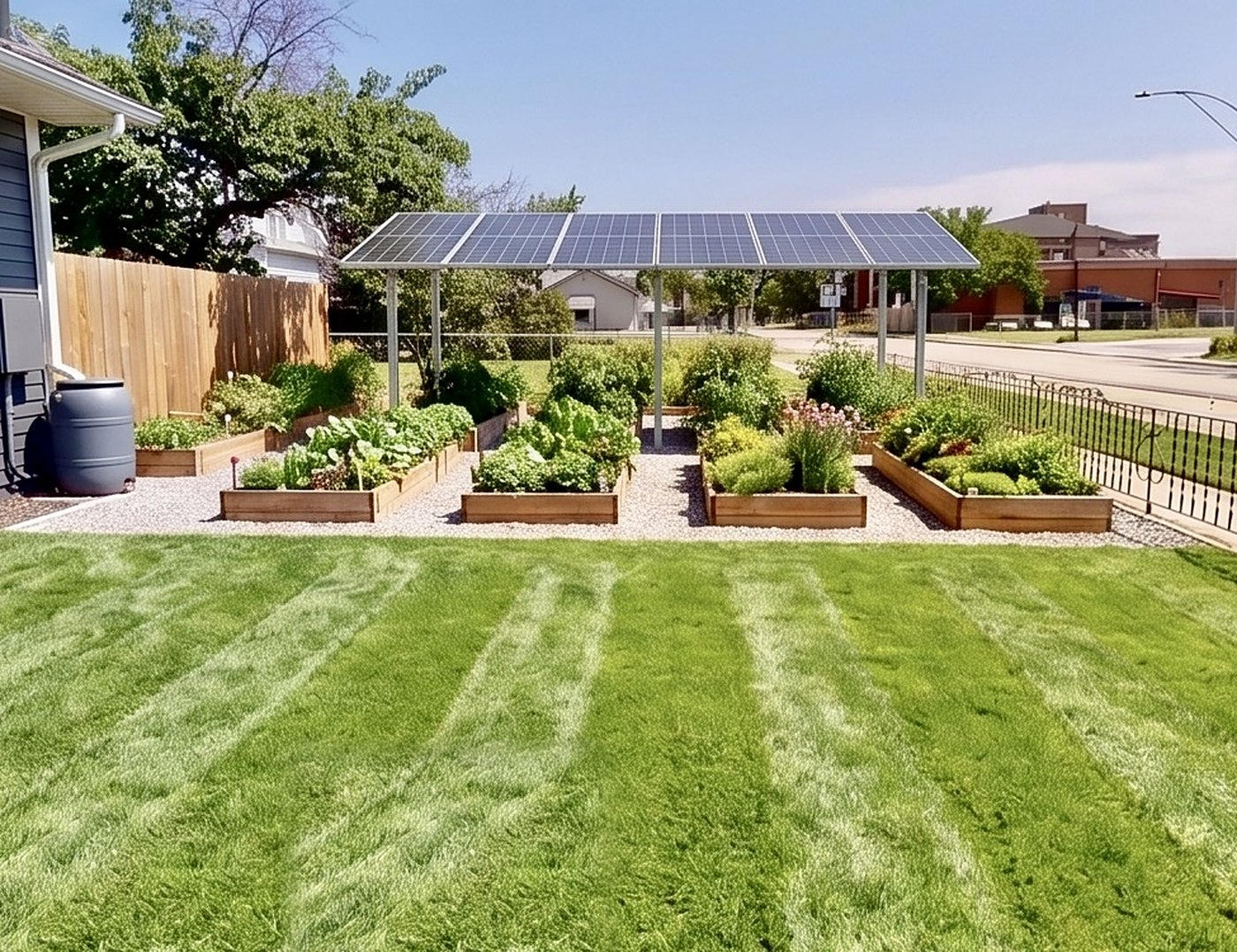 Agrivoltaic garden beds under a solar canopy — concept render