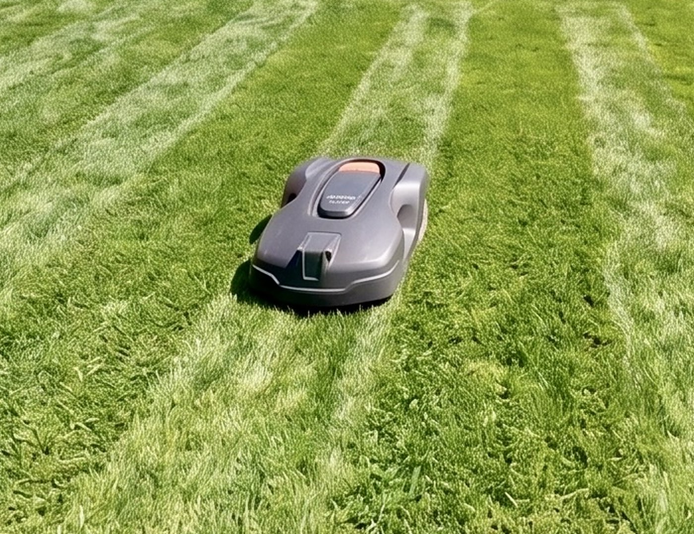Robotic mower cutting the striped lawn — concept render